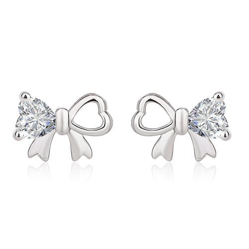 Cubic Zirconia Micro Pave Brass Earring, Bowknot, plated, micro pave cubic zirconia & for woman, platinum color 