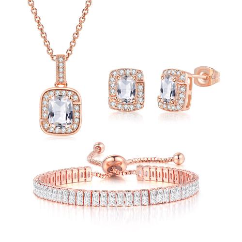 Cubic Zirconia Micro Pave Brass Jewelry Sets, Stud Earring & bracelet & necklace, with 5,11.4cm extender chain, plated, three pieces & fashion jewelry & micro pave cubic zirconia & for woman Approx 40 cm, Approx 13.4 cm [