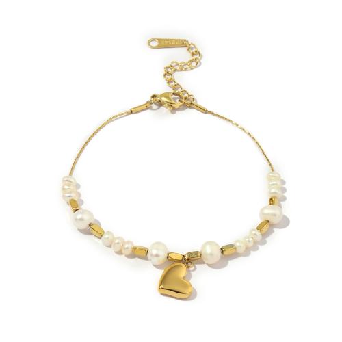 Titanio Acero Pulseras y brazaletes, Partículas de acero, con Perlas plásticas, Corazón, Recubrimiento iónico al vacío, Joyería & para mujer, color mixto, longitud:aproximado 18-22.5 cm, Vendido por UD