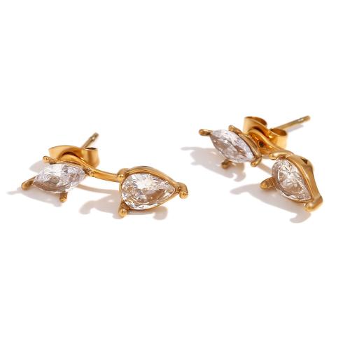 Stainless Steel Cubic Zirconia Stud Earring, 316L Stainless Steel, 18K gold plated, fashion jewelry & micro pave cubic zirconia & for woman, golden 