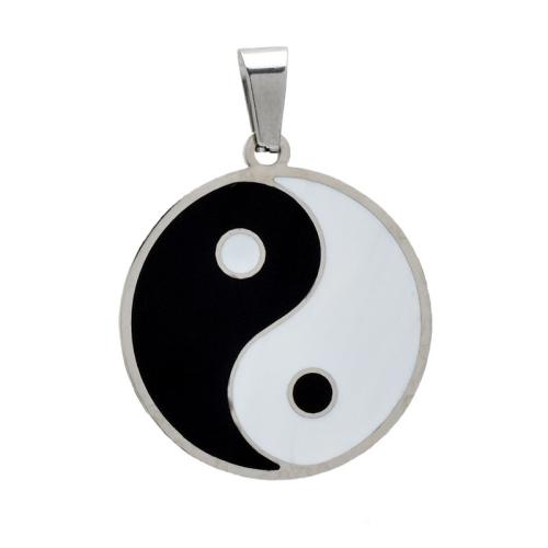 Pendentifs en acier inoxydable émail, Acier inoxydable 304, Plat rond, poli, DIY, blanc et noir Vendu par PC