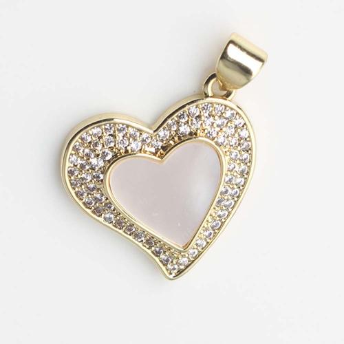 Colgante de Micro Pavé de Zirconía Cúbica, metal, con Nácar Blanca, Corazón, chapado en color dorado, Bricolaje & micro arcilla de zirconia cúbica, Blanco, 21.7x18.2x3.2mm, Vendido por UD