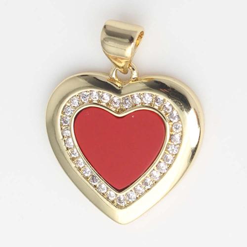 Colgante de Micro Pavé de Zirconía Cúbica, metal, Corazón, chapado en color dorado, Bricolaje & micro arcilla de zirconia cúbica & esmalte, Rojo, 18.4x17.7x2.8mm, Vendido por UD