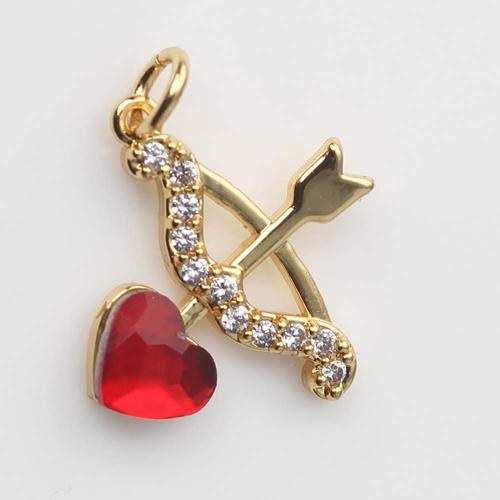 Colgante de Micro Pavé de Zirconía Cúbica, metal, Corazón, chapado en color dorado, Bricolaje & micro arcilla de zirconia cúbica, Rojo, 15.4x2.8x1.7mm, Vendido por UD