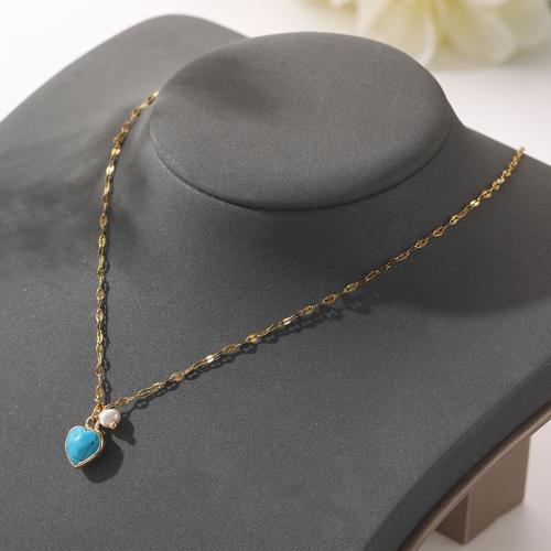 Collier en alliage de zinc, avec Plastique ABS perle & turquoise synthétique, avec 6cm chaînes de rallonge, coeur, Placage, bijoux de mode, doré cm, Vendu par PC