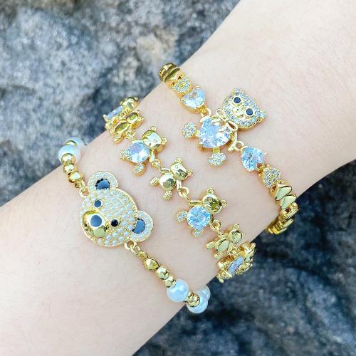 Cubic Zirconia Micro Pave Brass Bracelet, with Plastic Pearl, plated, fashion jewelry & micro pave cubic zirconia, golden [