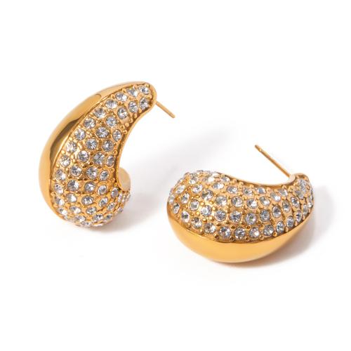 Stainless Steel Rhinestone Stud Earring, 304 Stainless Steel, 18K gold plated, fashion jewelry & for woman & with rhinestone, golden 