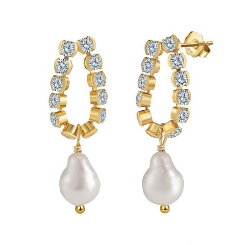 Sterling Silver Pearl Drop Earring, 925 Sterling Silver, with Freshwater Pearl, plated, micro pave cubic zirconia & for woman, golden, 28.5mm 