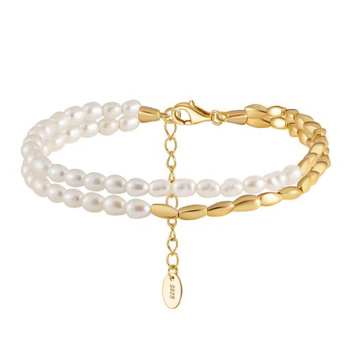 Pulseras de perlas de plata esterlina, plata de ley 925, con Perlas cultivadas de agua dulce, con 5CM extender cadena, chapado, para mujer, dorado, longitud:aproximado 16.5 cm, Vendido por UD