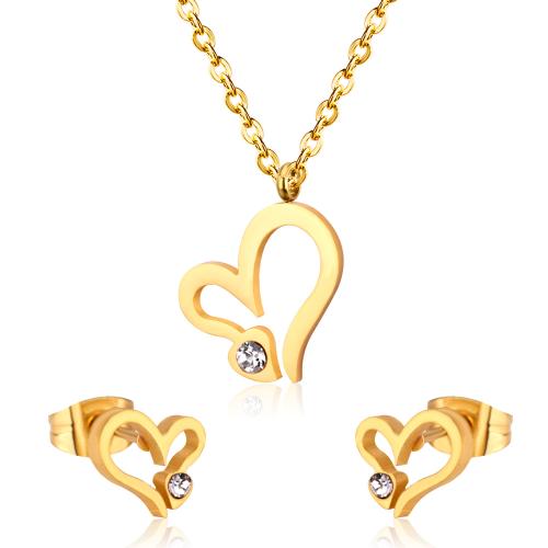 304 Stainless Steel Jewelry Set, Stud Earring & necklace, gold color plated, 2 pieces & for woman & with rhinestone Approx 17.7 Inch [