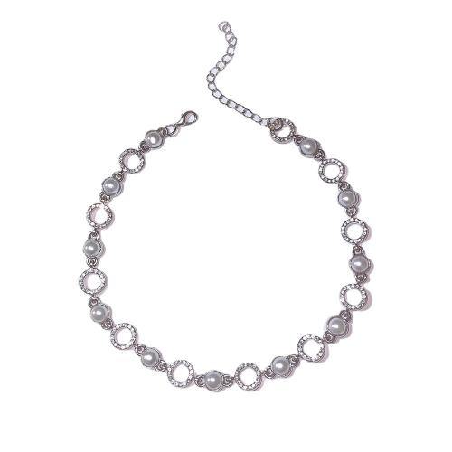 Rhinestone Zinc Alloy Necklace, with Plastic Pearl, with 7cm extender chain, fashion jewelry & for woman & with rhinestone, silver color Approx 32 cm [