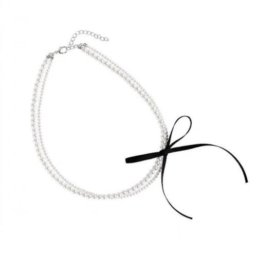 Mode Collier Choker, perle de plastique, avec tissu, avec 6cm chaînes de rallonge, fait à la main, Double couche & bijoux de mode & pour femme Environ 35 cm, Environ 36 cm, Vendu par PC