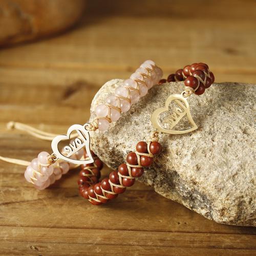 Bracelets en pierres précieuses, quartz rose, avec corde de cire & Jaspe rouge & Acier inoxydable 304, coeur, fait à la main, bijoux de mode & pour femme, plus de couleurs à choisir Environ 16-26 cm, Vendu par PC