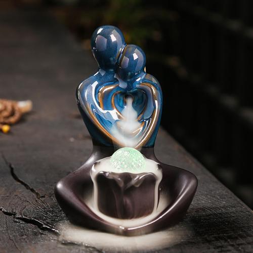 Incense Smoke Flow Backflow Holder Ceramic Incense Burner, Porcelain, half handmade, for home and office & durable & with LED light 