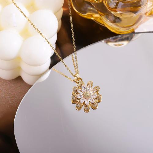 Collier de bijoux de titane, Acier titane, avec 5CM chaînes de rallonge, fleur, Placage de couleur d'or, pavé de micro zircon & pour femme cm, Vendu par PC