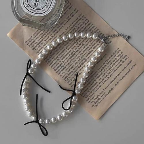 Mode Collier Choker, perle de plastique, avec Velveteen, avec 6cm chaînes de rallonge, fait à la main, bijoux de mode & pour femme, blanc Environ 34 cm, Vendu par PC