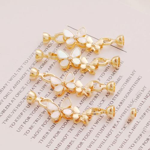 Brass Clasp Findings, with White Shell, Butterfly, gold color plated, DIY & micro pave cubic zirconia, 48mm [