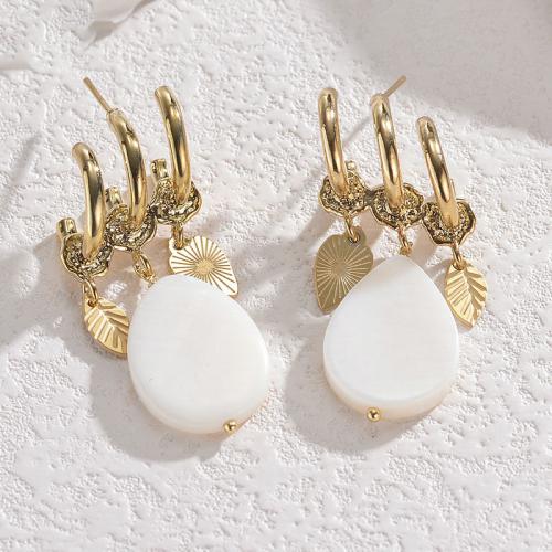 Stainless Steel Drop Earring, 304 Stainless Steel, with White Shell, Teardrop, gold color plated, for woman, white 