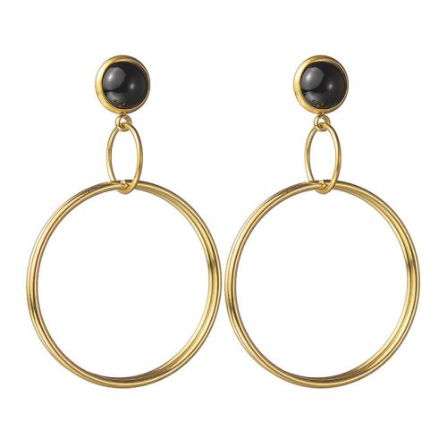 Boucles d'oreilles en acier titane, avec résine, Rond, Placage de couleur d'or, pour femme, noire, Vendu par paire