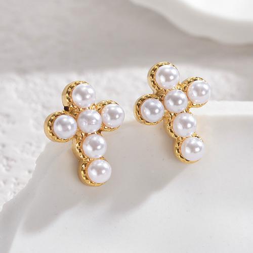 Boucles d'oreilles en acier titane, avec Perles de cristal & perle de plastique, croix, Placage de couleur d'or, styles différents pour le choix & pour femme & émail & avec strass, plus de couleurs à choisir, Vendu par paire