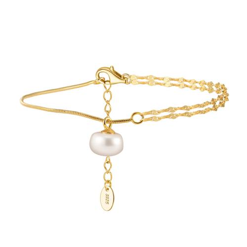 Pulseras de perlas de plata esterlina, plata de ley 925, con Perlas cultivadas de agua dulce, con 5CM extender cadena, para mujer, dorado, longitud:aproximado 16.5 cm, Vendido por UD