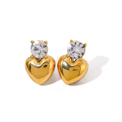 Stainless Steel Rhinestone Stud Earring, 304 Stainless Steel, Heart, 18K gold plated, fashion jewelry & for woman & with rhinestone, golden 