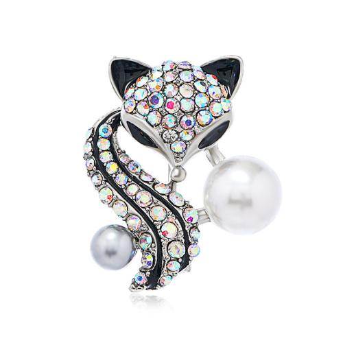 Rhinestone Zinc Alloy Brooch, with Plastic Pearl, Fox, for woman & enamel & with rhinestone, silver color 