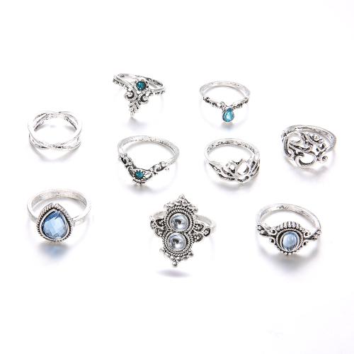 Zinklegierung Ring Set, mit Künstlich+Opal, antik silberfarben plattiert, Vintage & neun Stück & für Frau & mit Strass, verkauft von setzen[