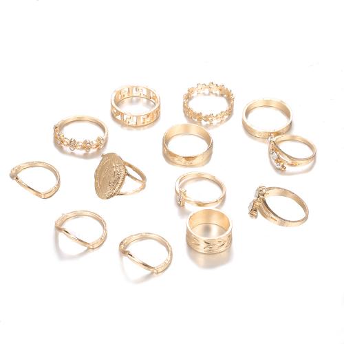 Zinc Alloy Ring Set, gold color plated, 13 pieces & for woman & with rhinestone [