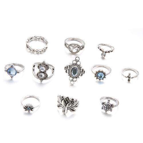 Zinc Alloy Ring Set, antique silver color plated, eleven pieces & for woman & with rhinestone [