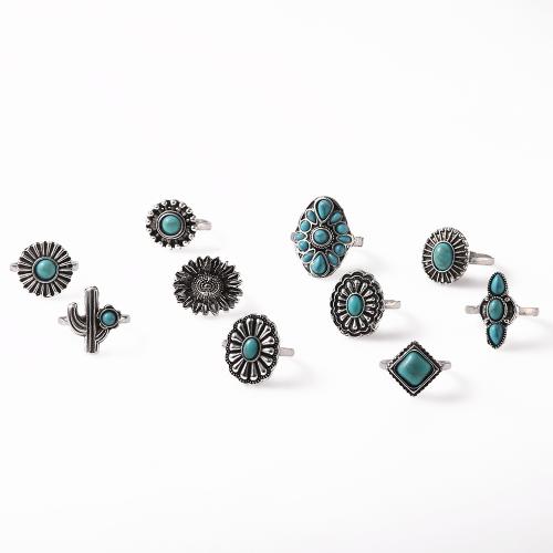 Zinc Alloy Ring Set, with Synthetic Turquoise, antique silver color plated, 10 pieces & for woman [