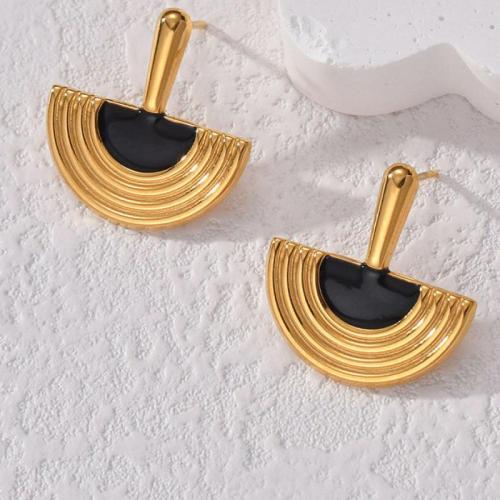 Boucles d'oreilles en acier titane, Placage de couleur d'or, pour femme & émail, noire, 21mm, Vendu par paire