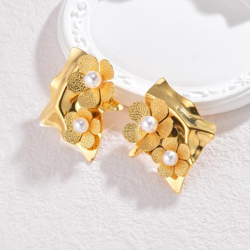 Boucles d'oreilles en acier titane, avec perle de plastique, Placage de couleur d'or, styles différents pour le choix & pour femme, plus de couleurs à choisir, Vendu par paire