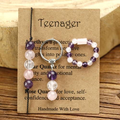 Fashion Stainless Steel Jewelry Sets, Clear Quartz, with Amethyst & 304 Stainless Steel, handmade, fashion jewelry & Unisex Bracelet 29cm; Key chain 5cm; Ring adjustable size. 