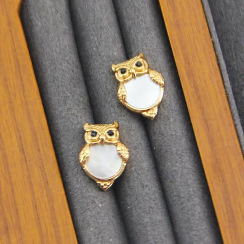 Cubic Zirconia Micro Pave Brass Earring, with Shell, Owl, plated & micro pave cubic zirconia & for woman, golden [