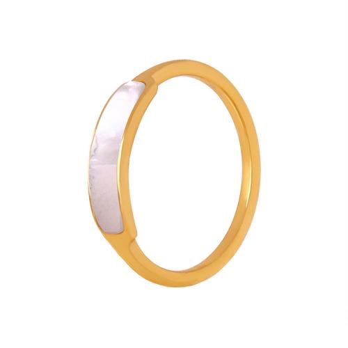 Titane Acier Bague, Acier titane, avec coquille blanche, Plaqué or 18K, bijoux de mode & normes différentes pour le choix & pour femme, doré, Vendu par PC