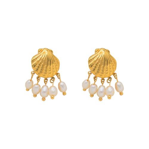 Stainless Steel Drop Earring, 304 Stainless Steel, with Plastic Pearl, 18K gold plated, fashion jewelry & for woman, golden 