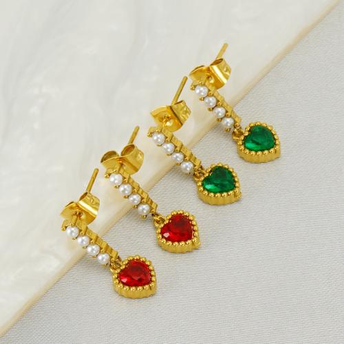 Stainless Steel Drop Earring, 304 Stainless Steel, with Plastic Pearl, Heart, 18K gold plated, fashion jewelry & for woman & with rhinestone, golden 