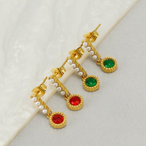 Stainless Steel Drop Earring, 304 Stainless Steel, with Plastic Pearl, 18K gold plated, fashion jewelry & for woman & with rhinestone, golden 