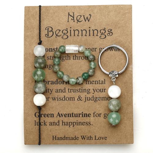 Fashion Stainless Steel Jewelry Sets, Green Aventurine, with Labradorite & 304 Stainless Steel, handmade, fashion jewelry & Unisex Bracelet 29cm; Key chain 5cm; Ring adjustable size. 