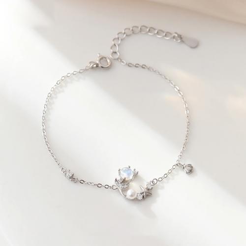 Cubic zirconia pavimenta la pulsera de plata de ley, plata de ley 925, con Piedra lunar artificial & Shell Pearl, con 4CM extender cadena, Cisne, micro arcilla de zirconia cúbica & para mujer, color de platina, longitud:aproximado 15.5 cm, Vendido por UD