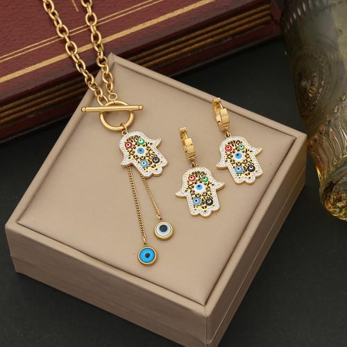 304 Stainless Steel Jewelry Set, Hamsa, gold color plated & for woman & enamel & with rhinestone 