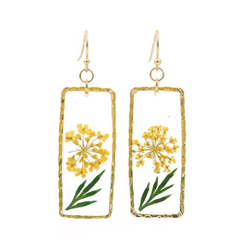 Resin Drop Earring, Brass, with Dried Flower & Resin, epoxy gel, for woman, golden 