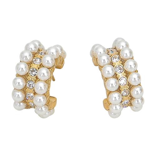 Stainless Steel Stud Earring, 304 Stainless Steel, with Plastic Pearl, fashion jewelry & for woman & with rhinestone, golden, 23mm 