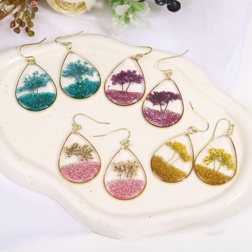 Resin Drop Earring, Brass, with Dried Flower & Resin, epoxy gel, for woman 