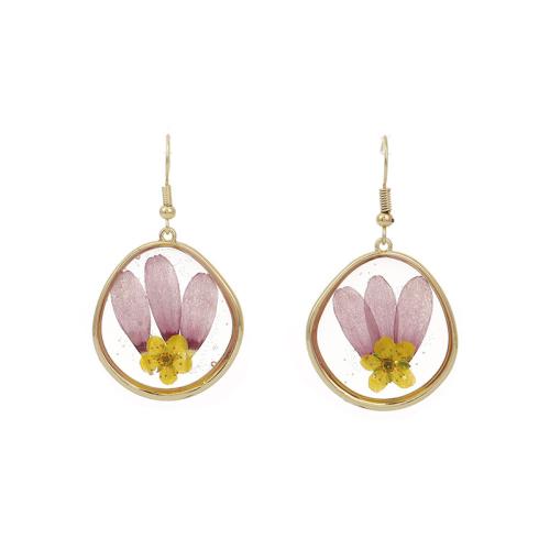 Resin Drop Earring, Brass, with Dried Flower & Resin, epoxy gel, for woman, golden 