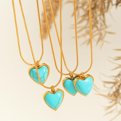 Collier de bijoux de titane, Acier titane, avec turquoise, avec 5cm chaînes de rallonge, coeur, Placage, bijoux de mode, doré cm, Vendu par PC