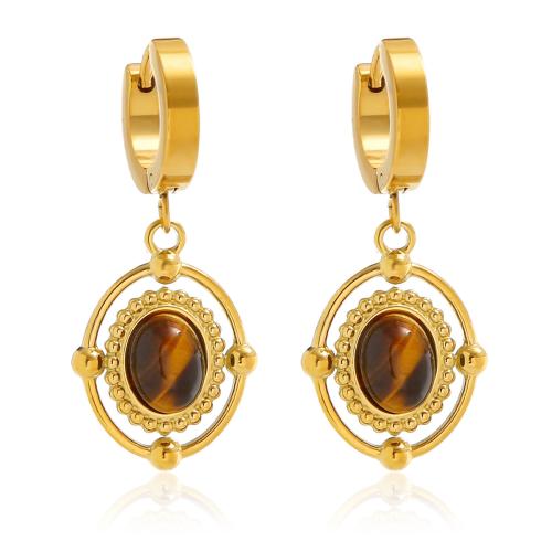 Huggie Hoop Drop Earring, 304 Stainless Steel, with Tiger Eye, plated, for woman, golden 