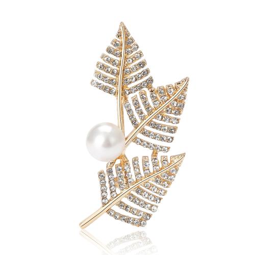 Rhinestone Zinc Alloy Brooch, with Plastic Pearl, Leaf, plated, fashion jewelry & for woman & with rhinestone 