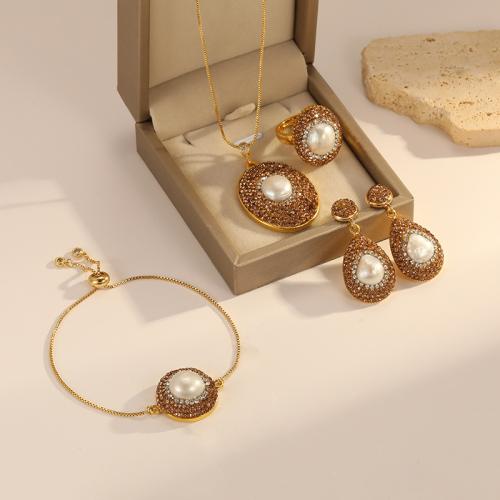 Brass Freshwater Pearl Jewelry Sets, with Freshwater Pearl, fashion jewelry & micro pave cubic zirconia & for woman Approx 45.4 cm, Approx 11.8 cm [